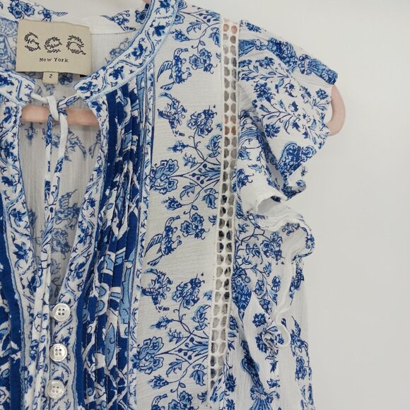Sea New York Blue White Floral Ruffle Top Size 2 Tassel Tie Babydoll - Picture 5 of 9